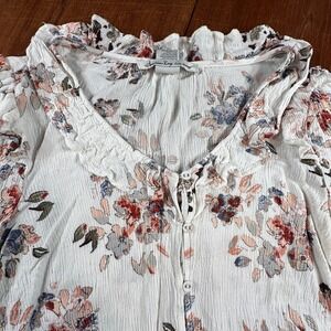 American Rag Floral Ruffle Blouse Womens Medium White Boho Smocked Festivals
